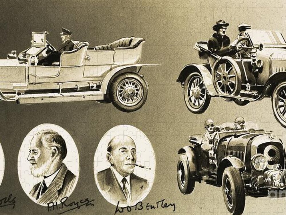 Bentley Jigsaw Puzzle featuring the painting Henry Royce, Charles Rolls, Wo Bentley Three Pioneers Of The Motor Car by English School