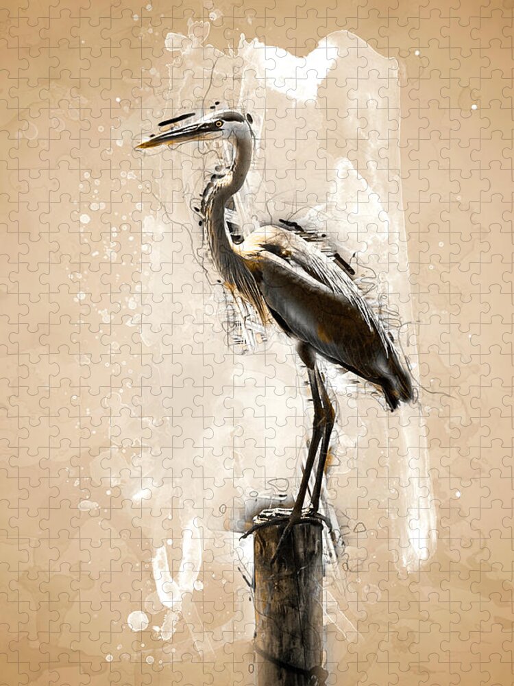 Heron Jigsaw Puzzle featuring the digital art Heron on Post by Pheasant Run Gallery