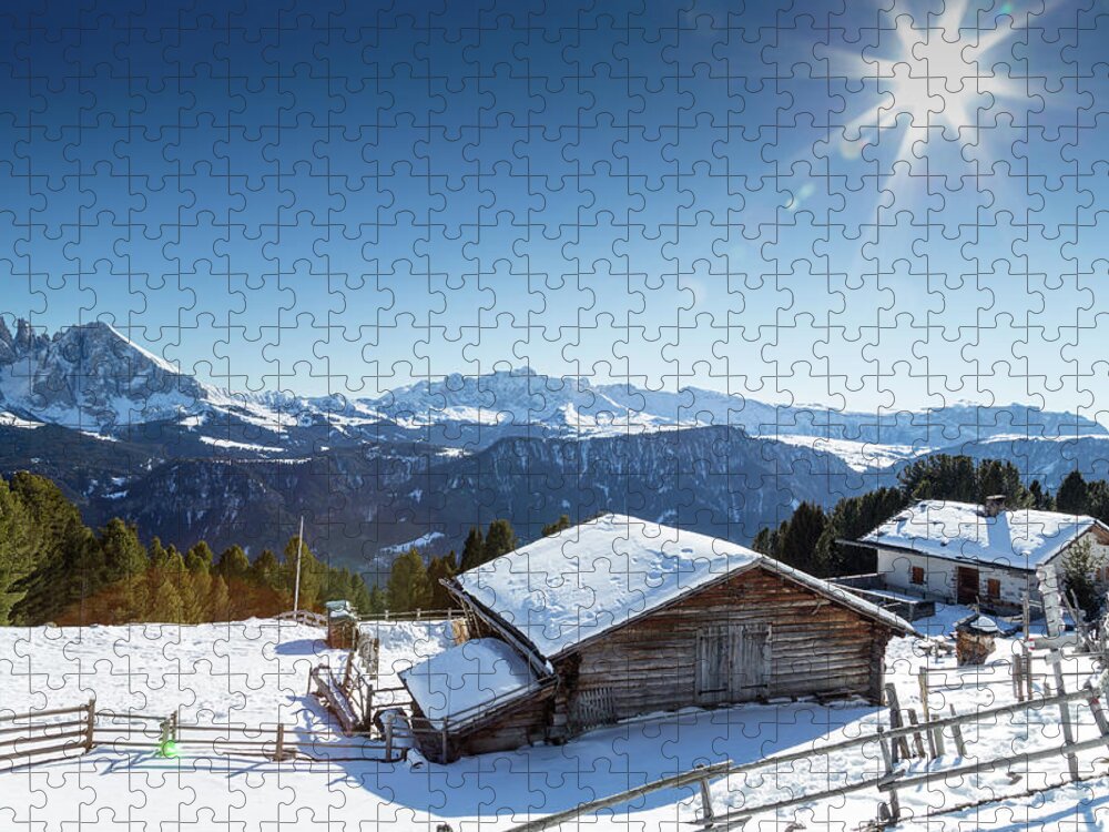 Alpine Jigsaw Puzzle featuring the photograph High-altitude mountain hut in front of a panorama of snow-capped by Vivida Photo PC
