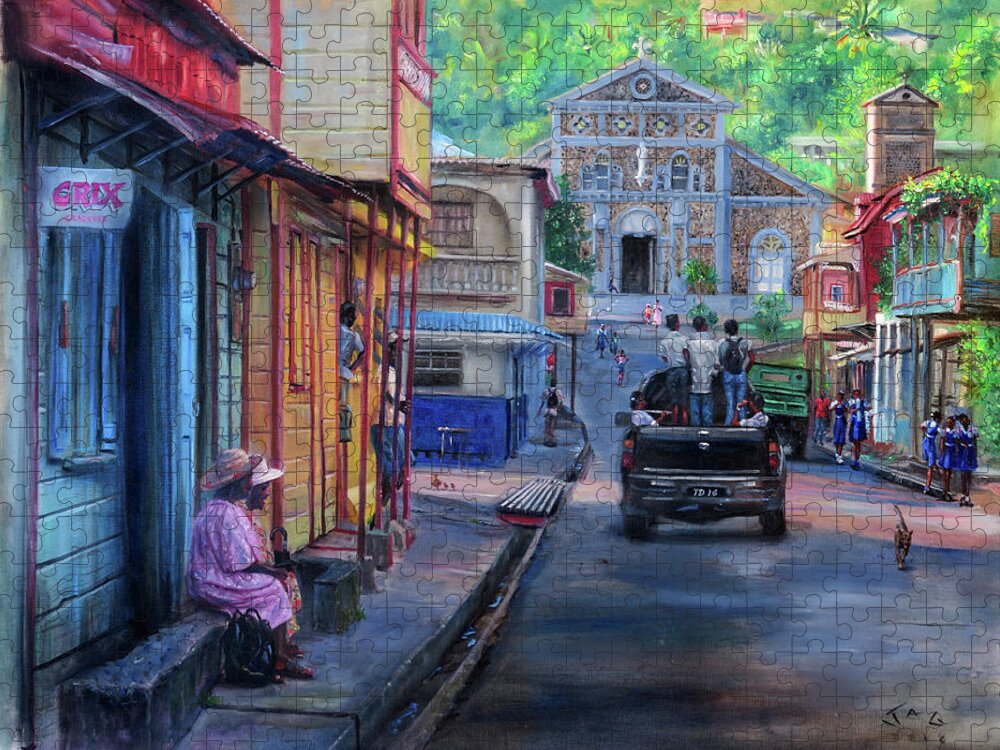 Caribbean Art Jigsaw Puzzle featuring the painting High Street, Laborie, 4pm by Jonathan Gladding