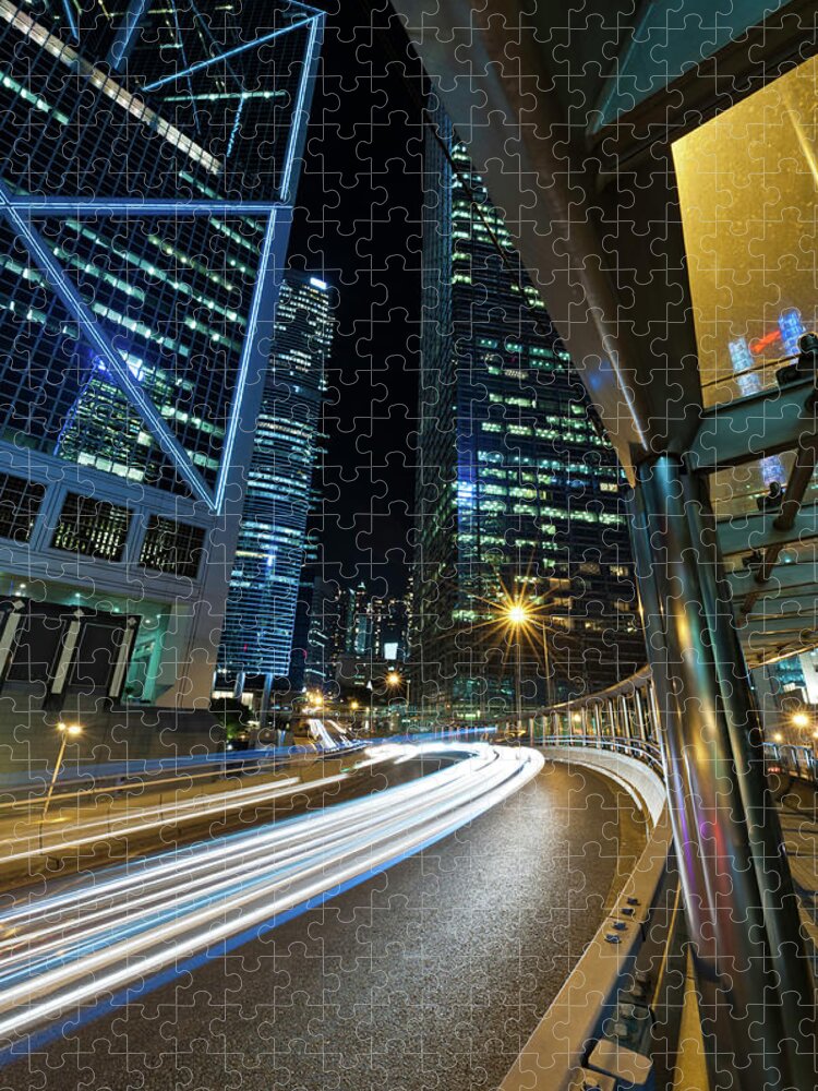 Chinese Culture Jigsaw Puzzle featuring the photograph Highrise Super Highway Neon Night by Fotovoyager