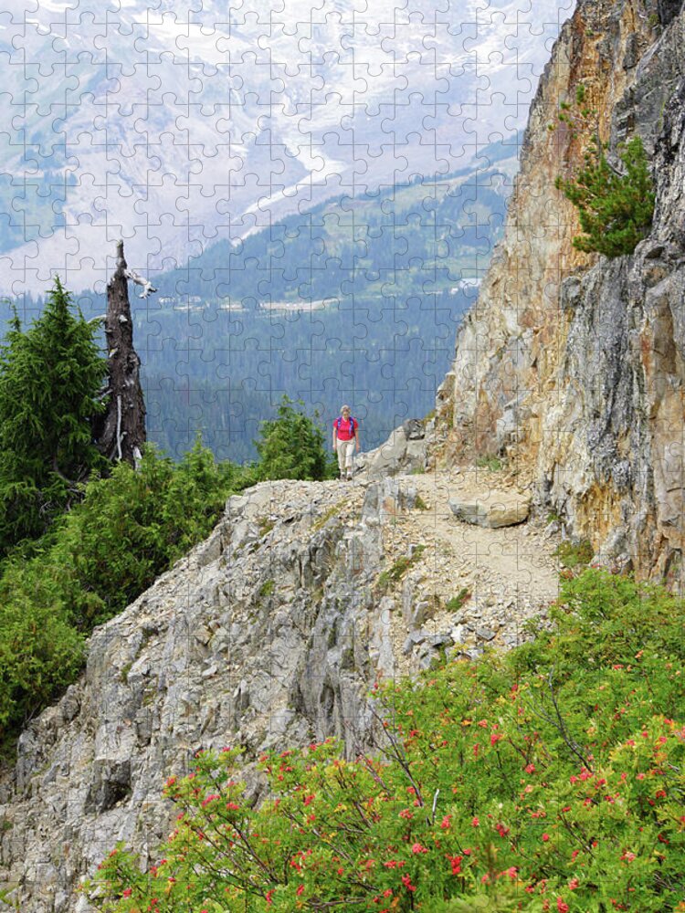 Mrnp Jigsaw Puzzle featuring the photograph Hiker on steep trail near Pinnacle Pass, Mount Rainier by Steve Estvanik