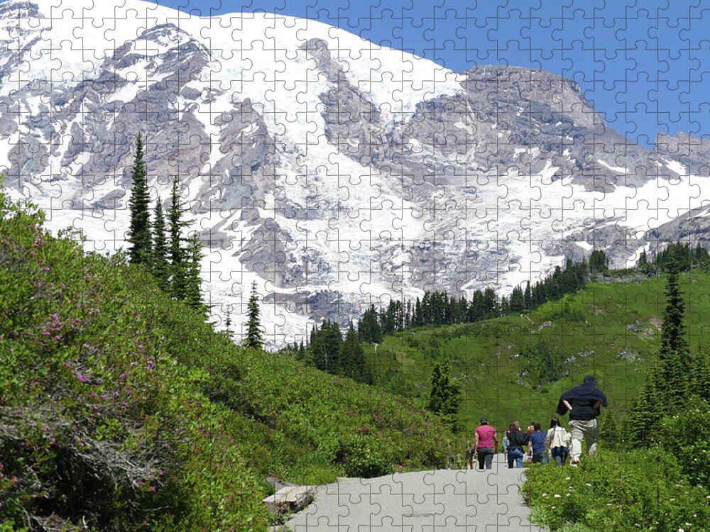 Glacier Jigsaw Puzzle featuring the photograph Hikers on trail above Paradise with Mount Rainier by Steve Estvanik