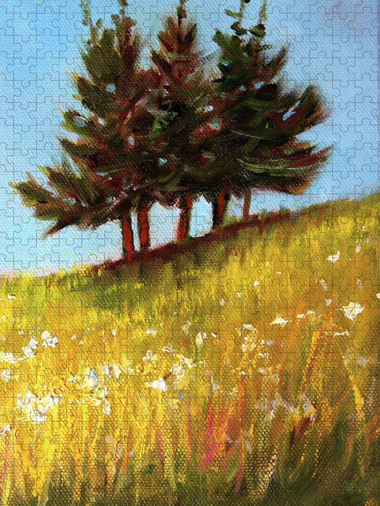 Evergreen Trees Jigsaw Puzzle featuring the painting Hillside Evergreens by Nancy Merkle