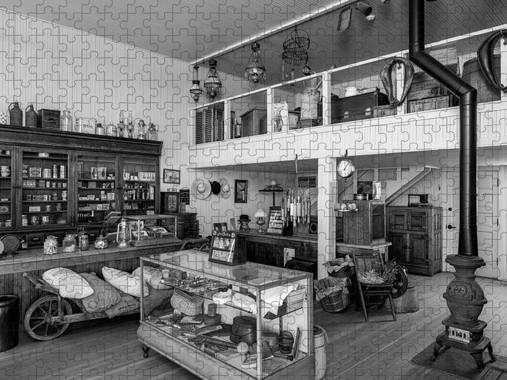 Allensworth Park Jigsaw Puzzle featuring the photograph Hindsman General Store - Allensworth State Park - Black And White by Gene Parks