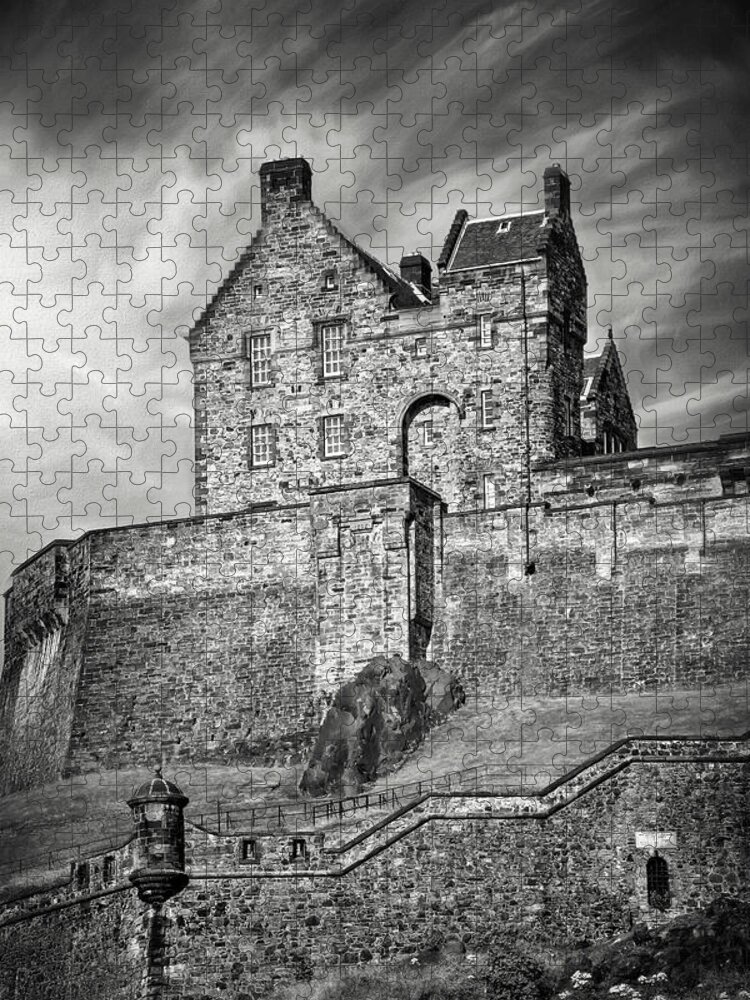 Edinburgh Castle Jigsaw Puzzle featuring the photograph Historic Edinburgh Castle Scotland Black and White by Carol Japp