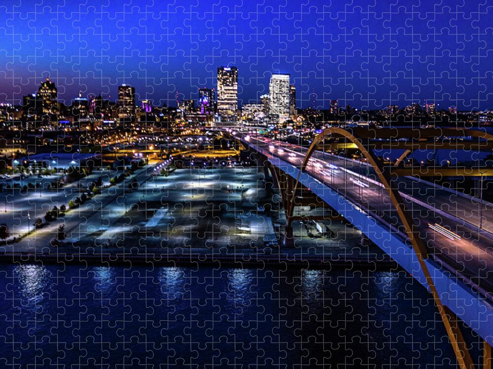2018 Jigsaw Puzzle featuring the photograph Hoan Bridge at Dusk by Randy Scherkenbach