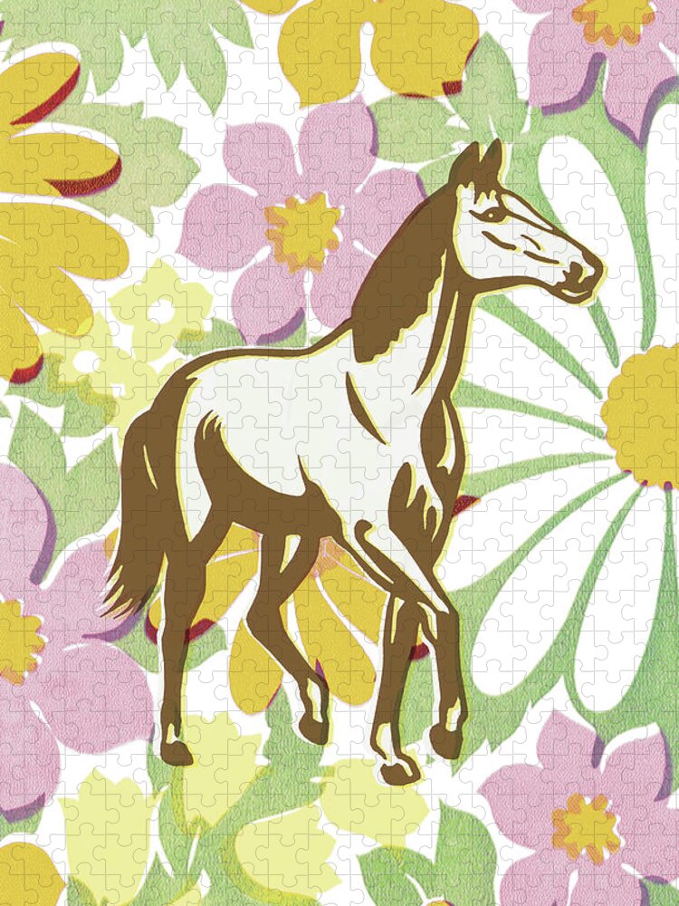 Animal Jigsaw Puzzle featuring the drawing Horse on Flower Pattern by CSA Images