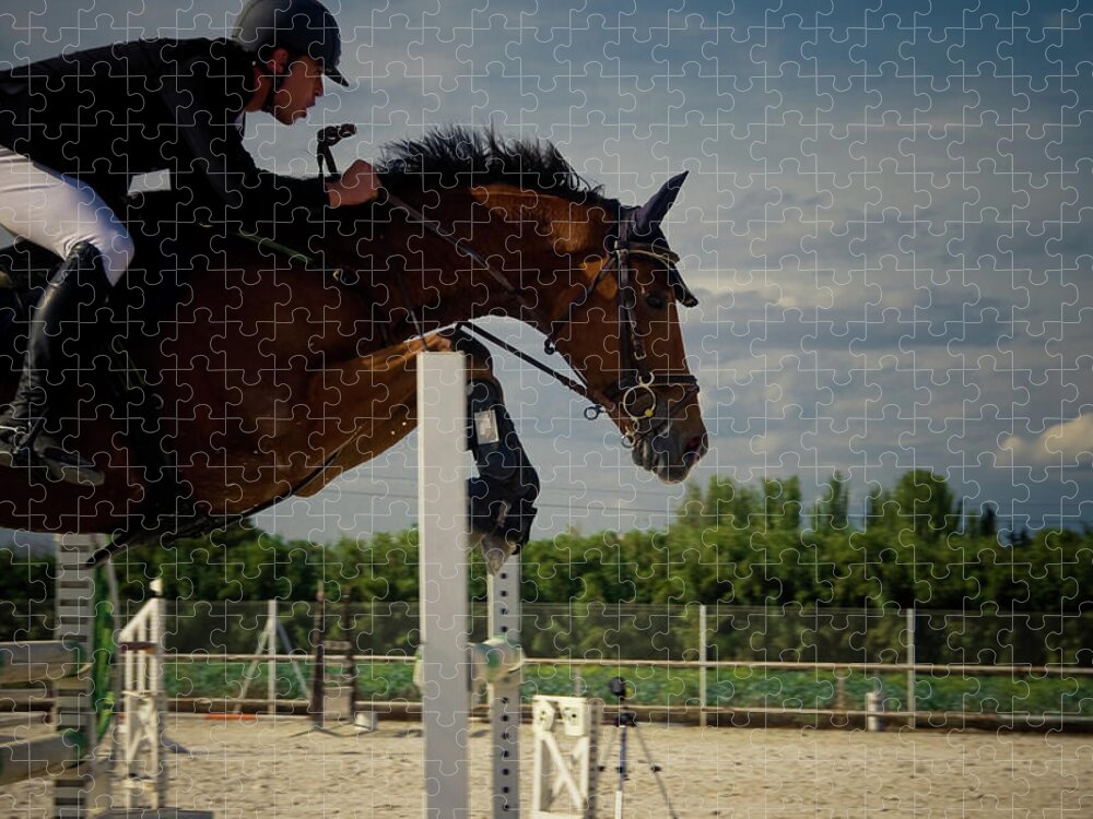 Horse Jigsaw Puzzle featuring the photograph Horse Riding Show Jump by By Ana Gassent