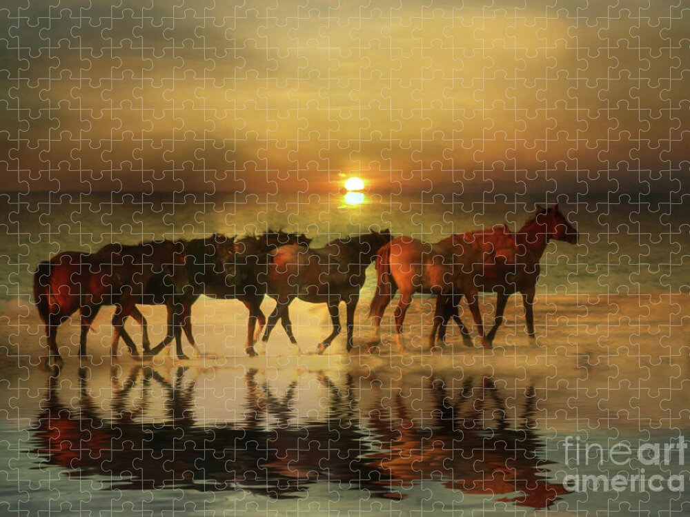 Horses Jigsaw Puzzle featuring the photograph Horses on a Golden Beach at Sunset by Stephanie Laird