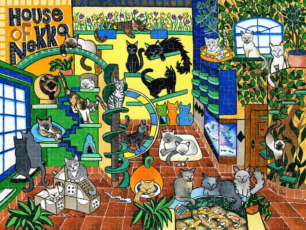 Cat Paintings Jigsaw Puzzle featuring the painting House Of Nekko by Dora Hathazi Mendes