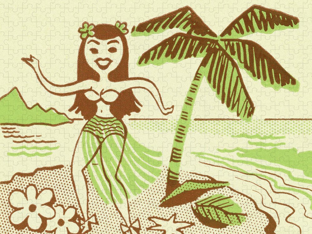 Adult Jigsaw Puzzle featuring the drawing Hula Girl Next to Palm Tree by CSA Images
