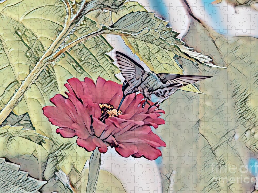 Hummingbird Jigsaw Puzzle featuring the photograph Hummingbird Art - A Drink From The Zinnia by Kerri Farley