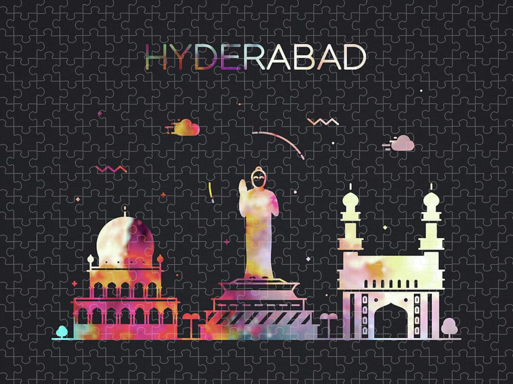 Hyderabad Jigsaw Puzzle featuring the mixed media Hyderabad India City Skyline Whimsical Fun Wide Dark by Design Turnpike