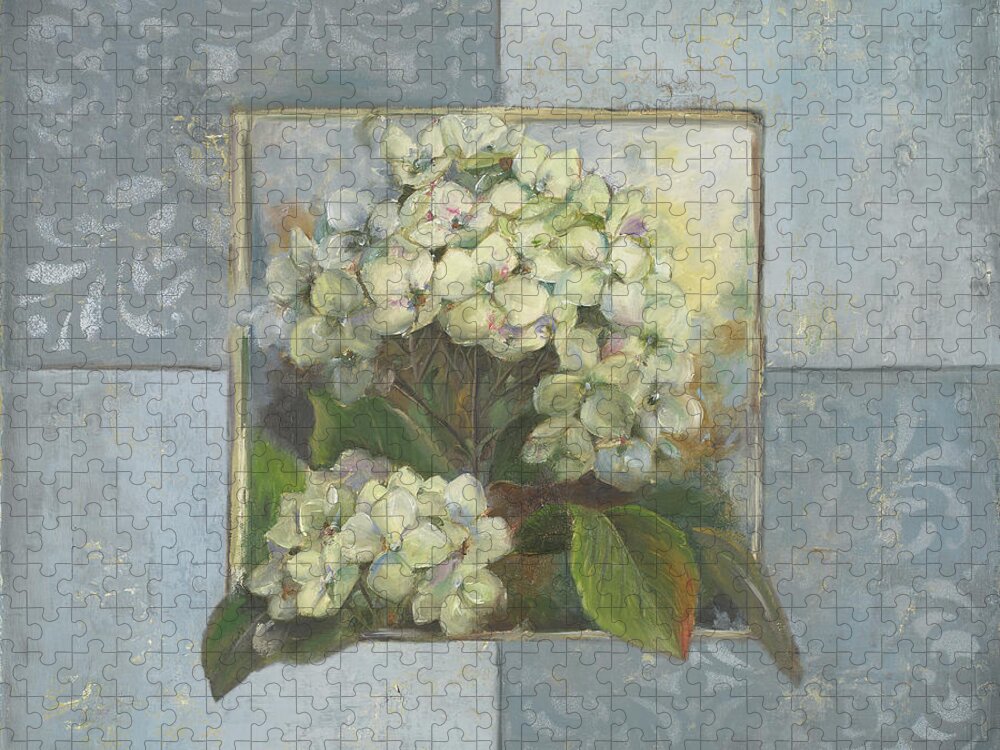 Hydrangeas Jigsaw Puzzle featuring the painting Hydrangeas On Blue II by Patricia Pinto