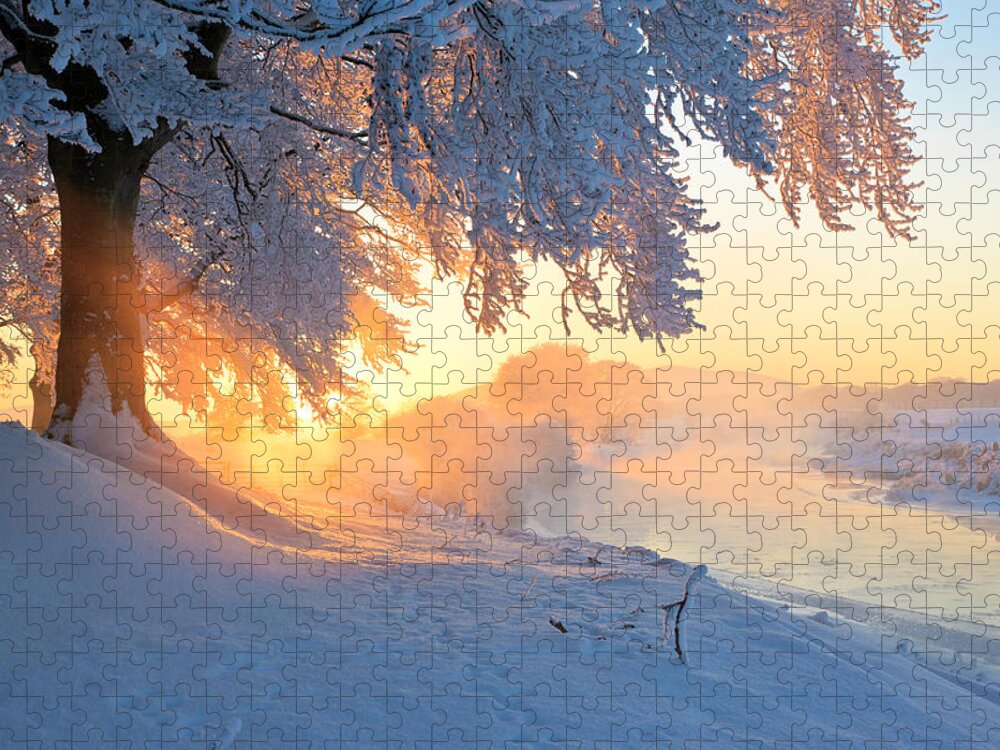 Tranquility Jigsaw Puzzle featuring the photograph Icy River At Sunset With Frost Smoke by Simon Butterworth