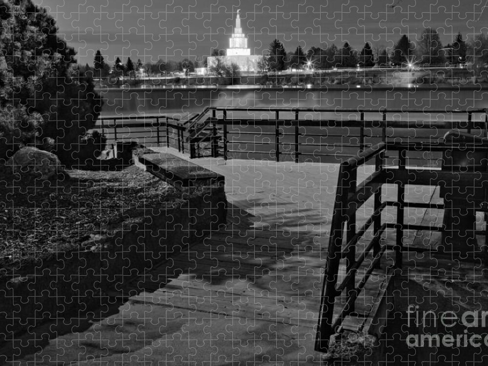 Idaho Falls Jigsaw Puzzle featuring the photograph Idaho Fall Riverwalk Temple View Black And White by Adam Jewell