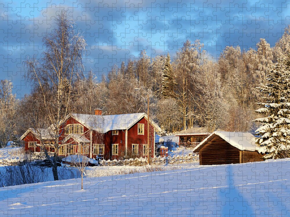 Snow Jigsaw Puzzle featuring the photograph Idyllic Red Swedish House Against A by Jonaseriksson