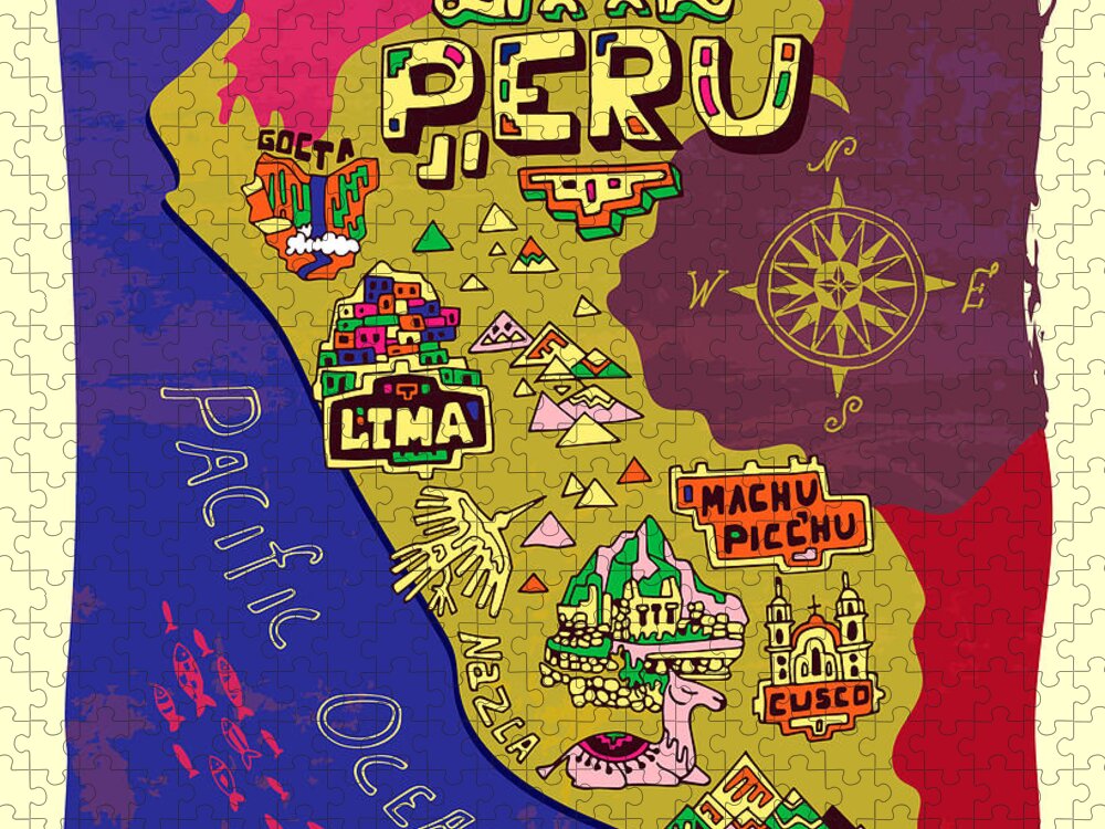 Country Jigsaw Puzzle featuring the digital art Illustrated Map Of Peru Travel by Daria i
