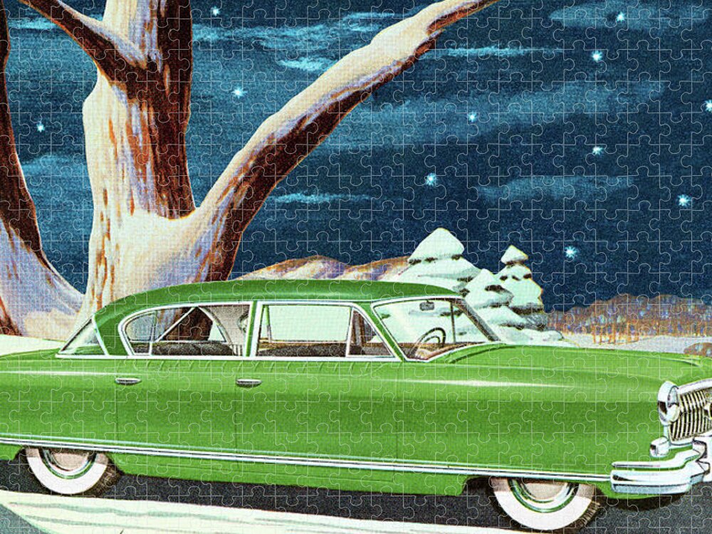 Auto Jigsaw Puzzle featuring the drawing Illustration of green vintage car outdoors in winter by CSA Images