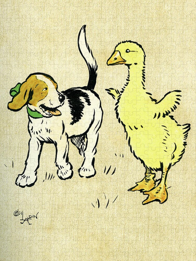 Puppy Jigsaw Puzzle featuring the mixed media Illustration of puppy and gosling by Cecil Aldin