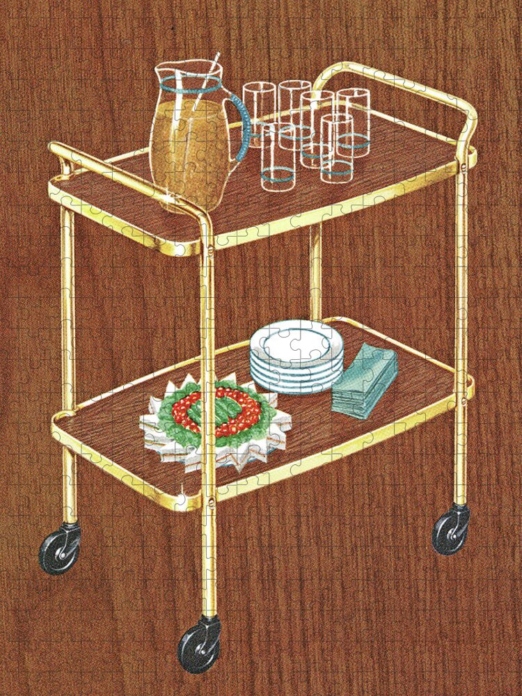 Beverage Jigsaw Puzzle featuring the drawing Illustration of serving cart with food against wooden background by CSA Images