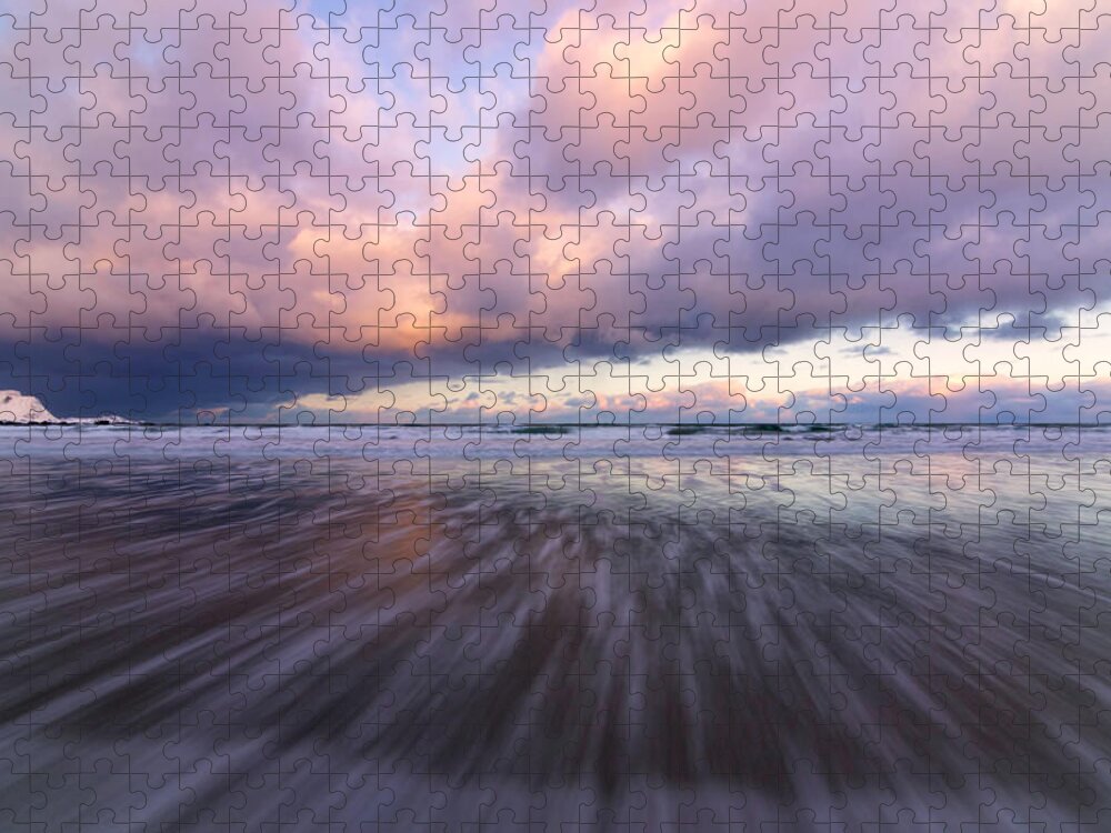 Sunrise Jigsaw Puzzle featuring the photograph Incoming Wave Flakstad Beach by Justinreznick