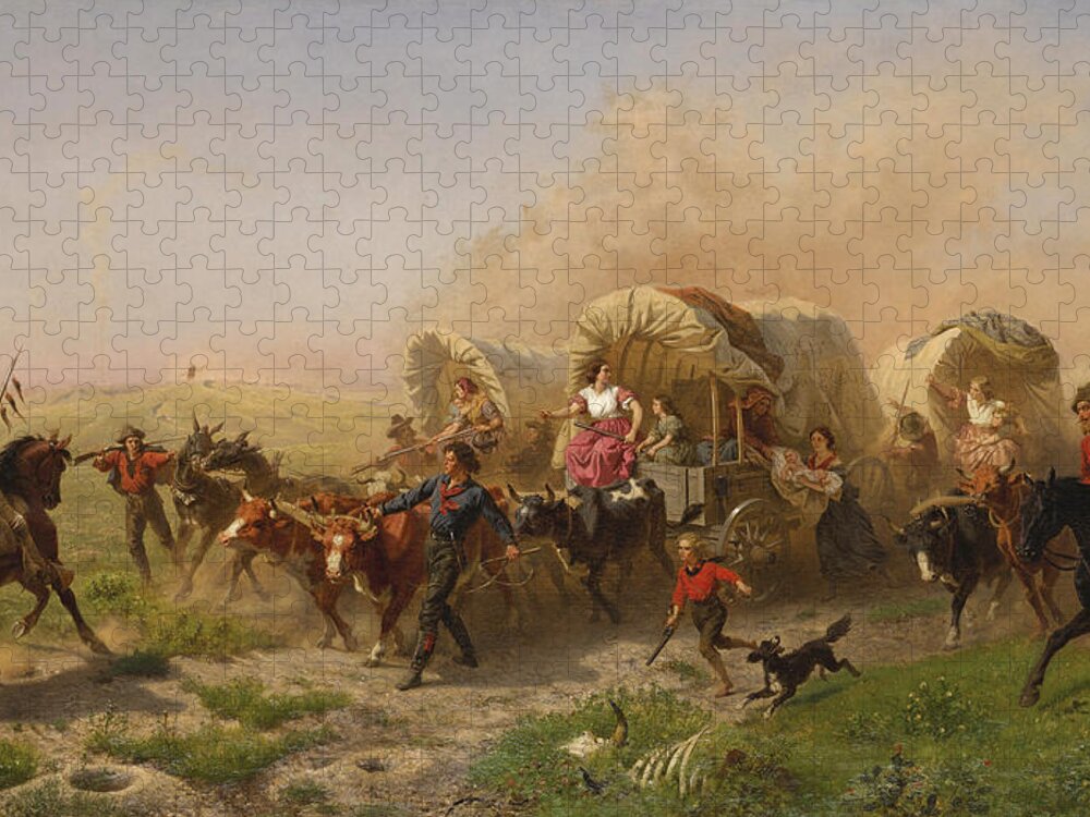 Emanuel Gottlieb Leutze Jigsaw Puzzle featuring the painting Indians attacking a Wagon Train by Emanuel Gottlieb Leutze