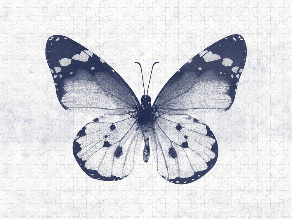 Butterfly White Blue Indigo Skeleton Butterfly Wings Modern Bohemianinsect Bug Garden Nature Organichome Decorairbnb Decorliving Room Artbedroom Artcorporate Artset Designgallery Wallart By Linda Woodsart For Interior Designersgreeting Cardpillowtotehospitality Arthotel Artart Licensing Jigsaw Puzzle featuring the mixed media Indigo and White Butterfly 1- Art by Linda Woods by Linda Woods