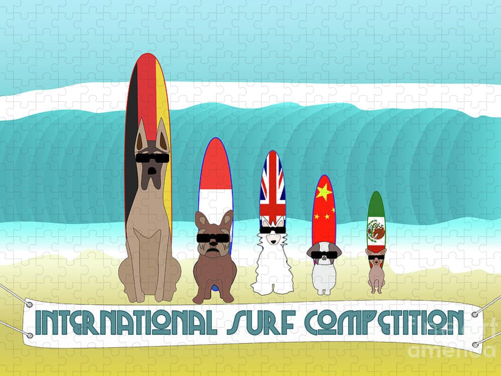 Surf Jigsaw Puzzle featuring the digital art Funny International Surf Dog Competition by Barefoot Bodeez Art