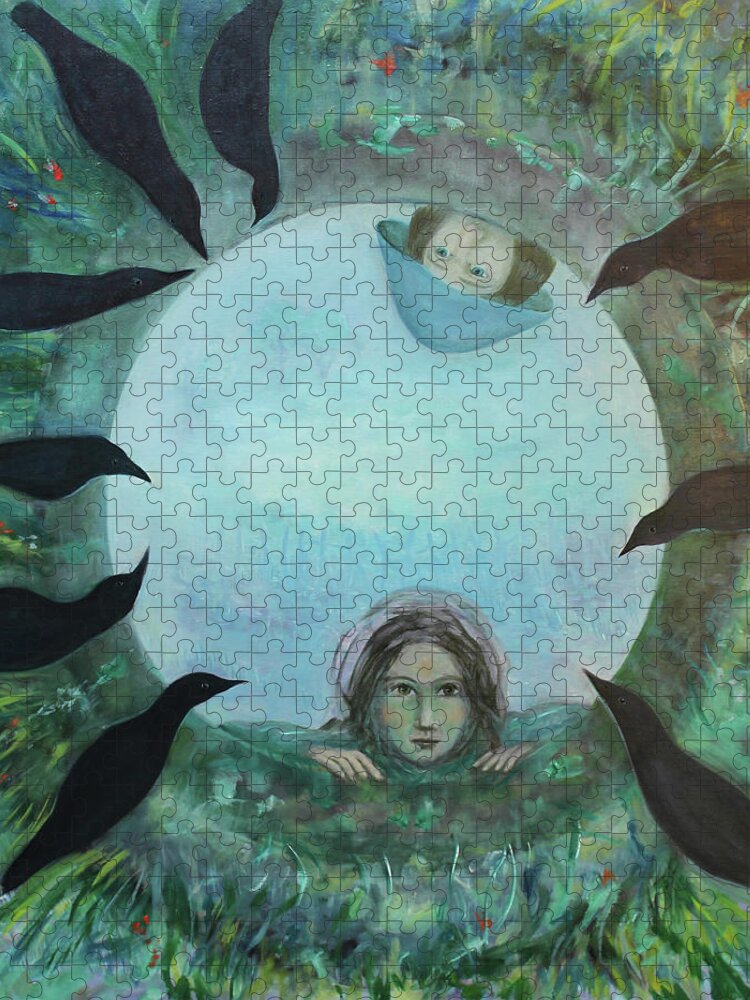 Girl Jigsaw Puzzle featuring the painting Into the well by Tone Aanderaa