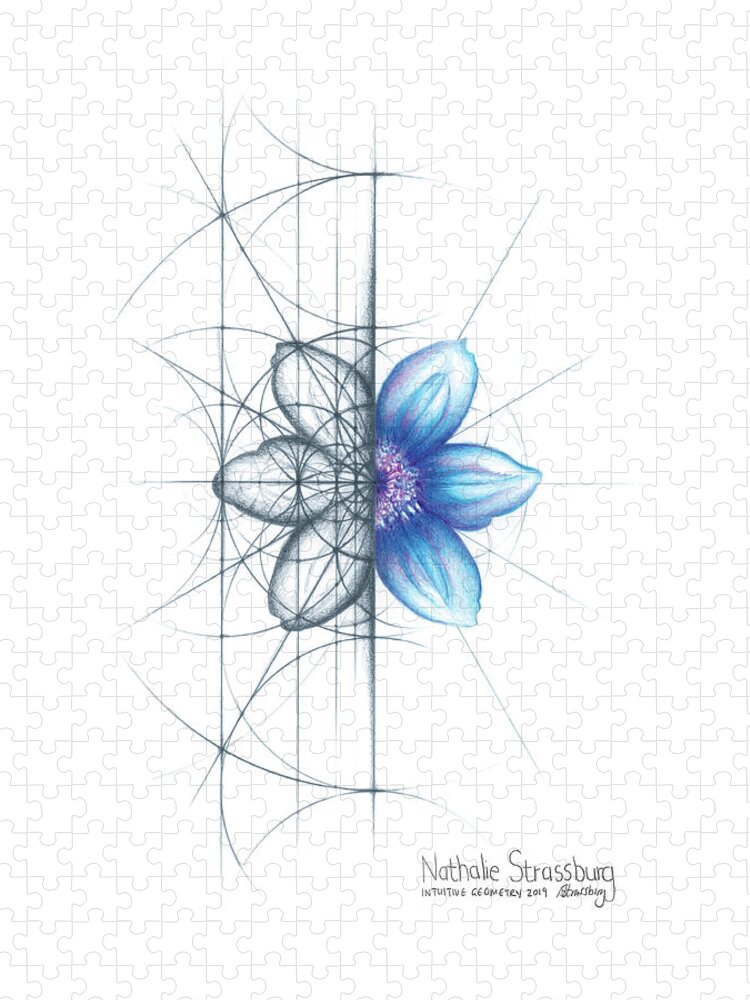 Clematis Jigsaw Puzzle featuring the drawing Intuitive Geometry Clematis Flower by Nathalie Strassburg
