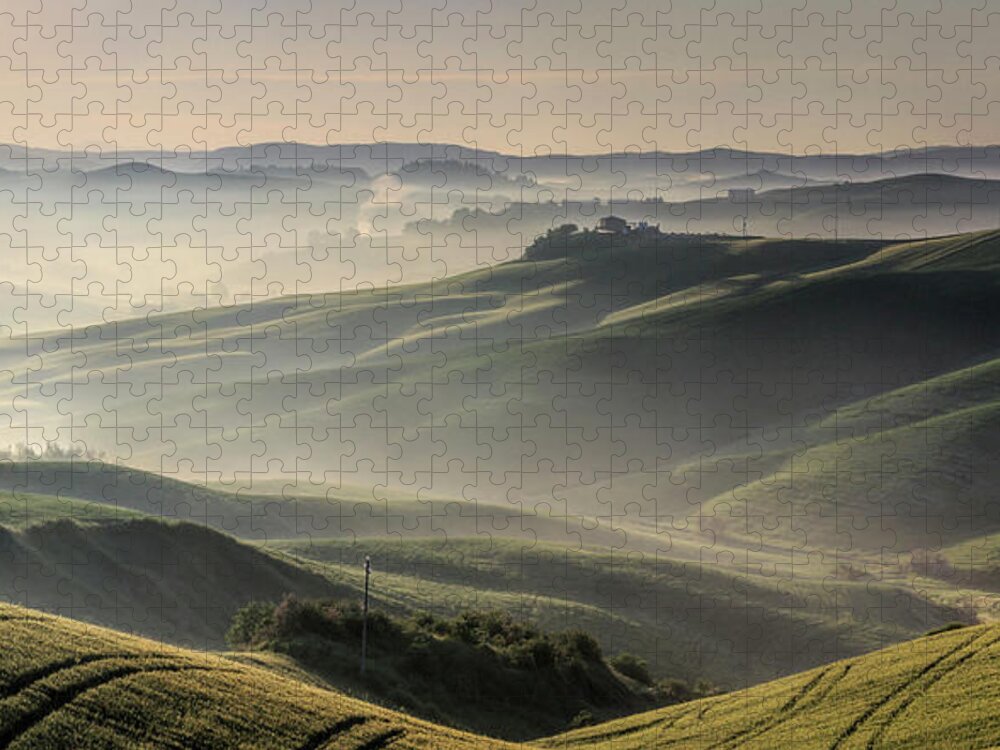 Estock Jigsaw Puzzle featuring the digital art Italy, Tuscany, Siena District, Val Di Chiana, Montepulciano, Aerial View Of A Farmhouse And The Hills Near Montepulciano At Sunset by Maurizio Rellini