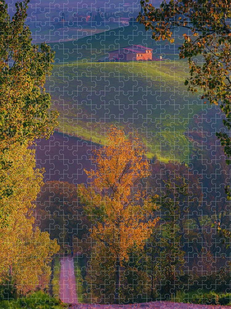 Estock Jigsaw Puzzle featuring the digital art Italy, Tuscany, Siena District, Val Di Chiana, Montepulciano, Brunello Wine Road, Top View Of An Unpaved Road In The Countryside Near Montepulciano At Sunset In Autumn by Maurizio Rellini