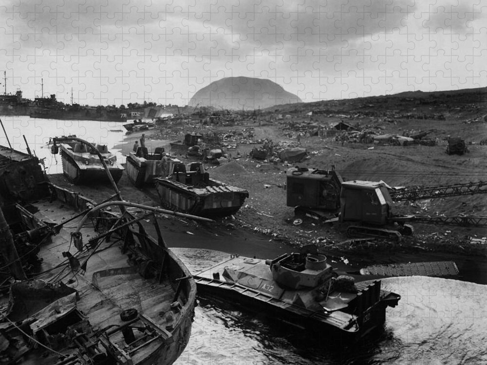 Iwo Jima Jigsaw Puzzle featuring the photograph Iwo Jima Beach Destruction by War Is Hell Store
