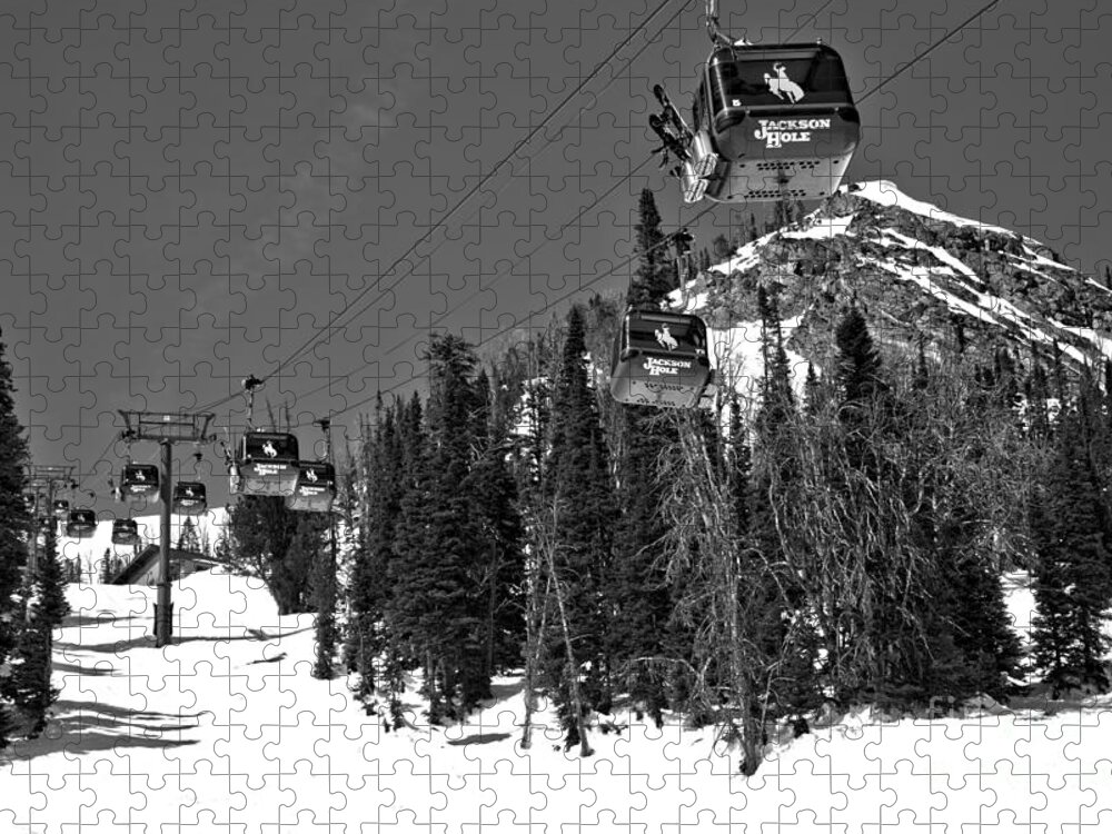 Jackson Hole Jigsaw Puzzle featuring the photograph Jackson Hole Bridger Gondola Black And White by Adam Jewell