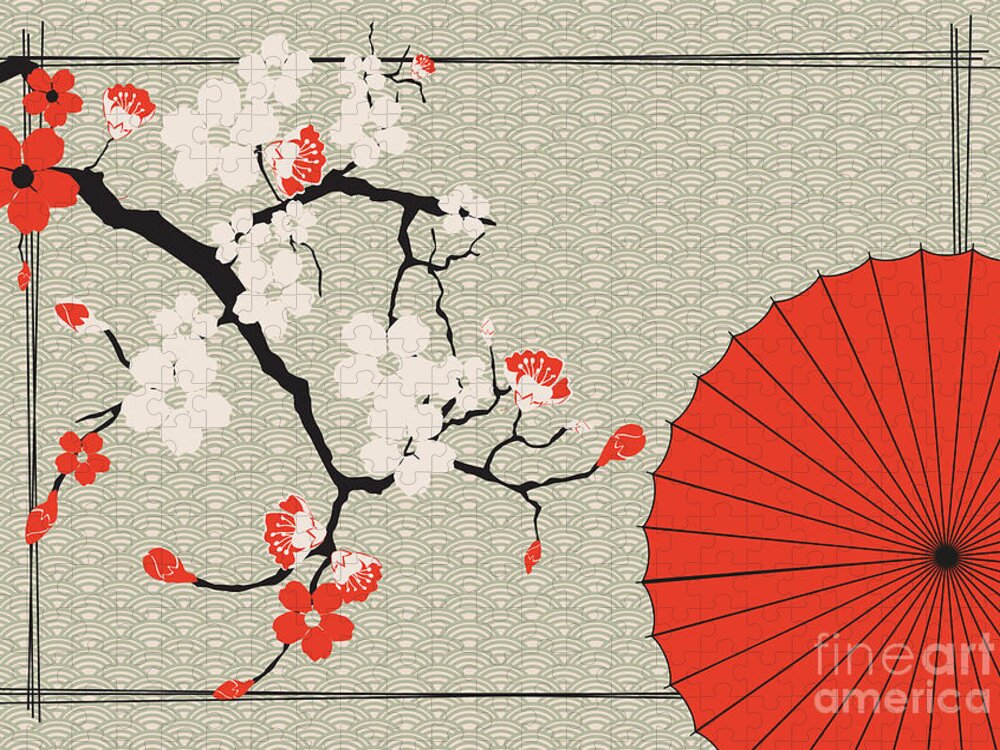 Japanese Umbrella And Japanese Cherry - Jigsaw Puzzle by Artbox - Pixels