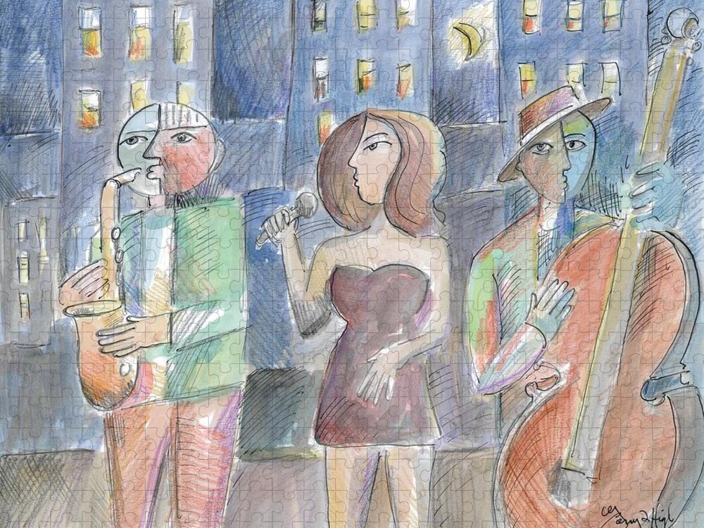 Saxophone Jigsaw Puzzle featuring the drawing Jazz Nightowls by Gerry High