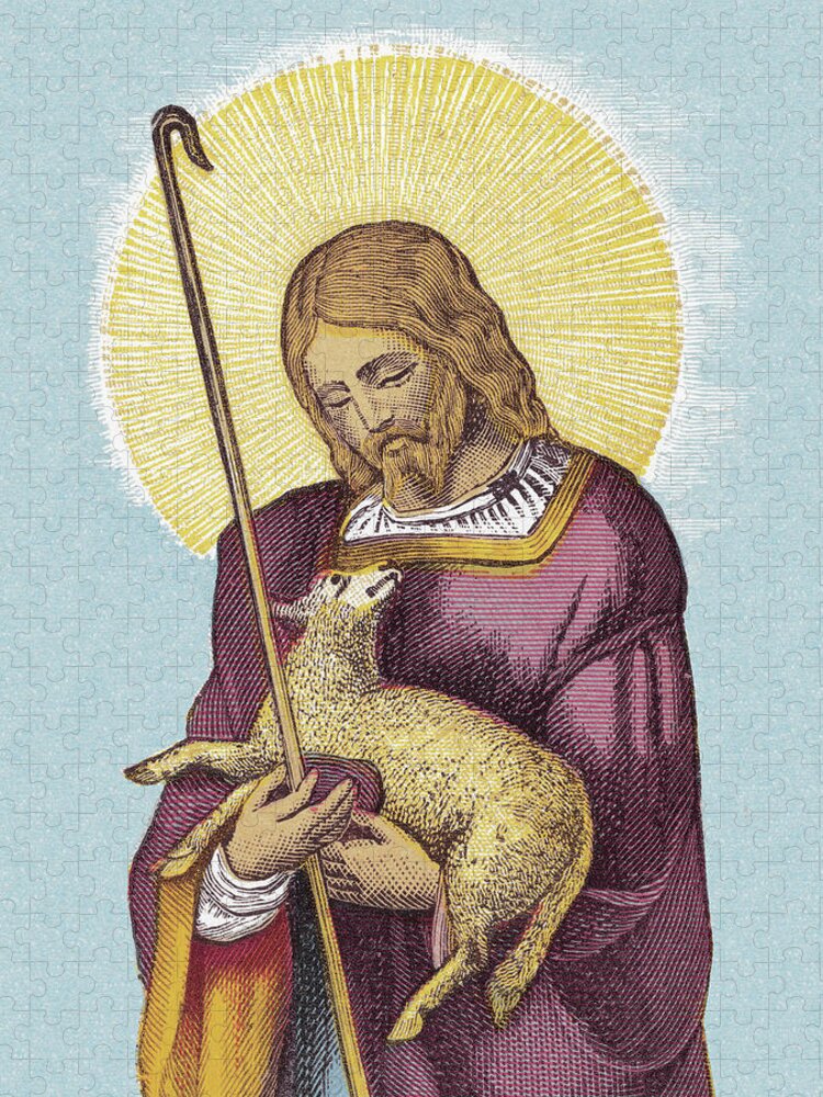 Animal Jigsaw Puzzle featuring the drawing Jesus and Lamb by CSA Images