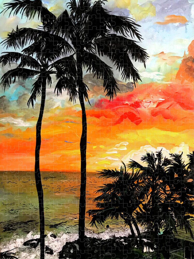 Sunset Palm Tree Ocean Sea Colors Colorful Hawaii Tropical Vacation Waves Seascape Landscape Sky Horizon Sun Water Dark Contrast Jigsaw Puzzle featuring the painting John Hawaiian experience by Sergio Gutierrez