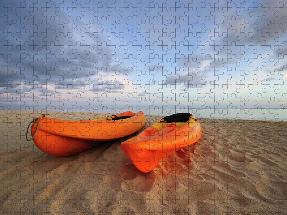 Scenics Jigsaw Puzzle featuring the photograph Kayaks On Beach by Freder