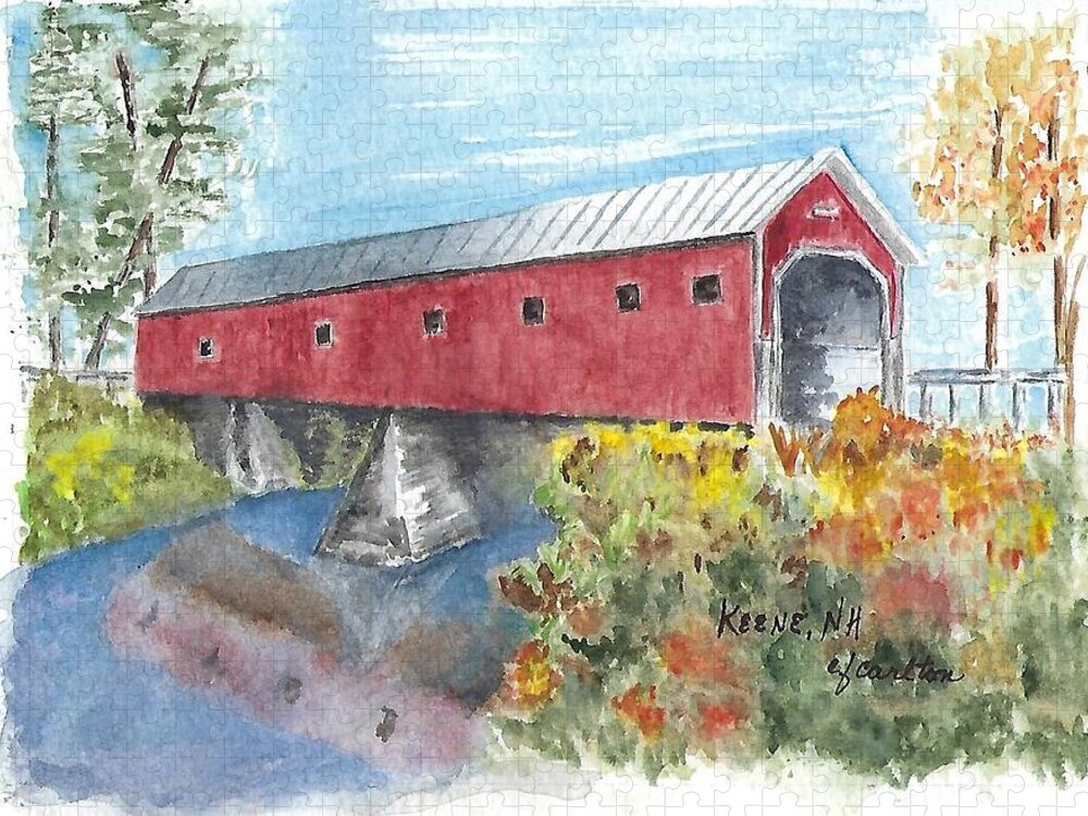 Covered Bridge Jigsaw Puzzle featuring the painting Keene, NH Covered Bridge by Claudette Carlton