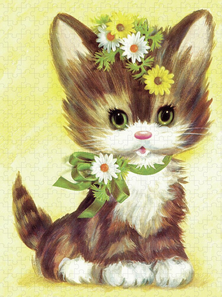 Animal Jigsaw Puzzle featuring the drawing Kitten With Flowers and Bow by CSA Images