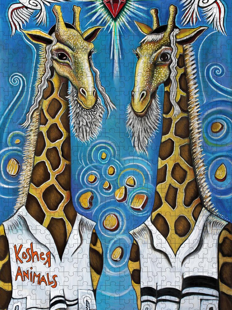 Giraffes Jigsaw Puzzle featuring the painting Kosher Animals by Yom Tov Blumenthal
