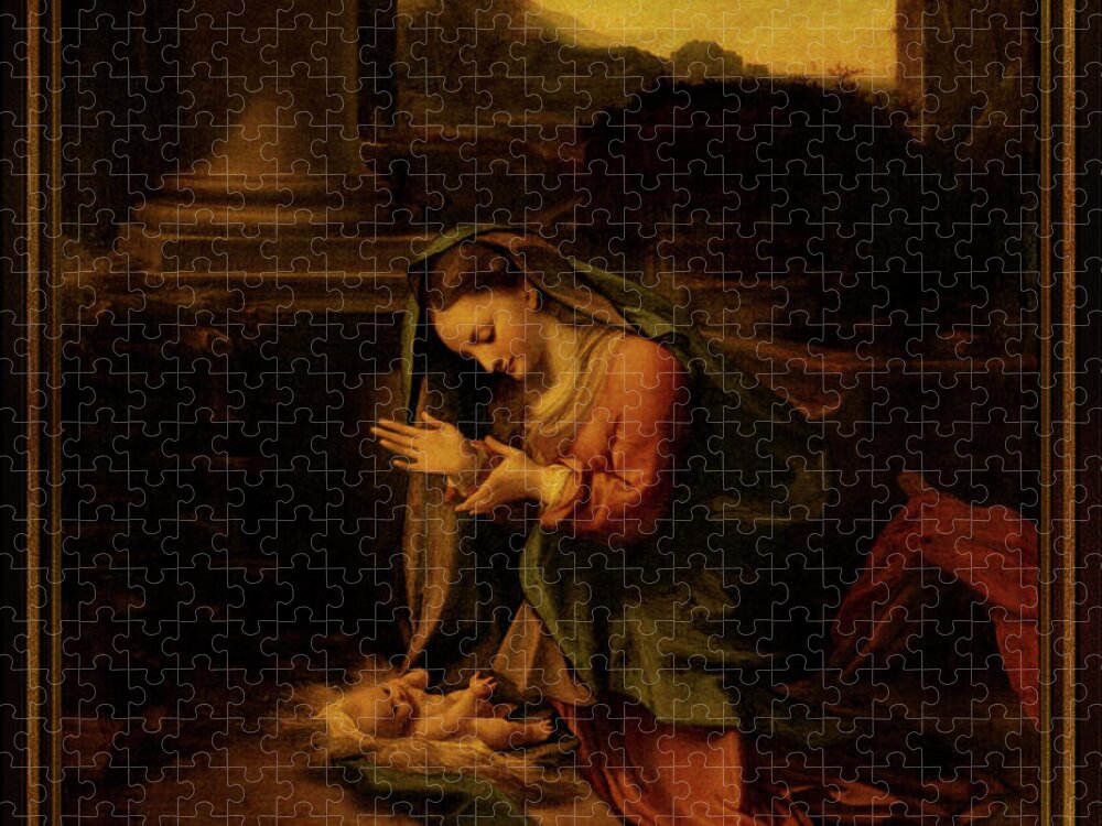 La Vergine Che Adora Il Bambino Jigsaw Puzzle featuring the painting La Vergine Che Adora Il Bambino by Antonio da Correggio by Xzendor7