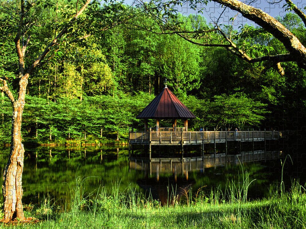 Lush Jigsaw Puzzle featuring the photograph Lake and Gazebo on a Spring Afternoon by Steve Ember
