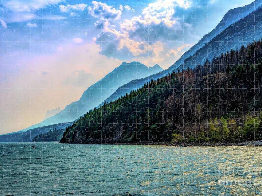 Alberta Jigsaw Puzzle featuring the photograph Lake Waterton in Blues by Roslyn Wilkins