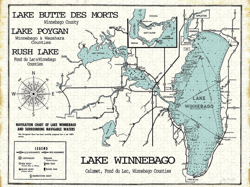 Map Jigsaw Puzzle featuring the digital art Lake Winnebago-Poygan-Rush-Butte Des Morts Wisconsin Map by Jean Plout