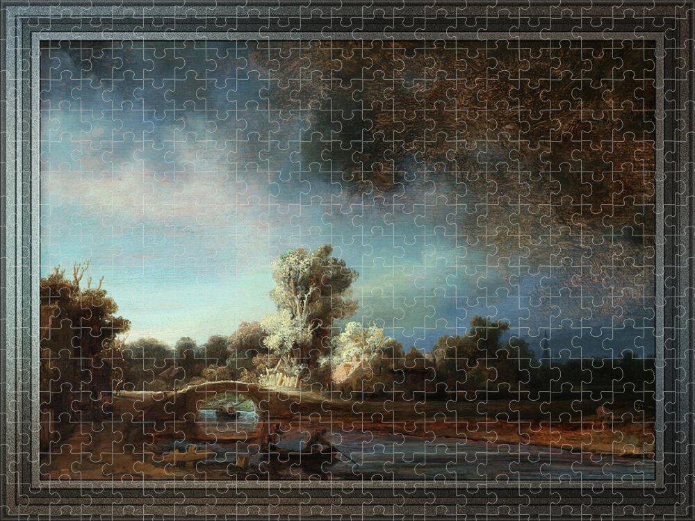 Landscape With A Stone Bridge Jigsaw Puzzle featuring the painting Landscape with a Stone Bridge by Rembrandt van Rijn by Rolando Burbon
