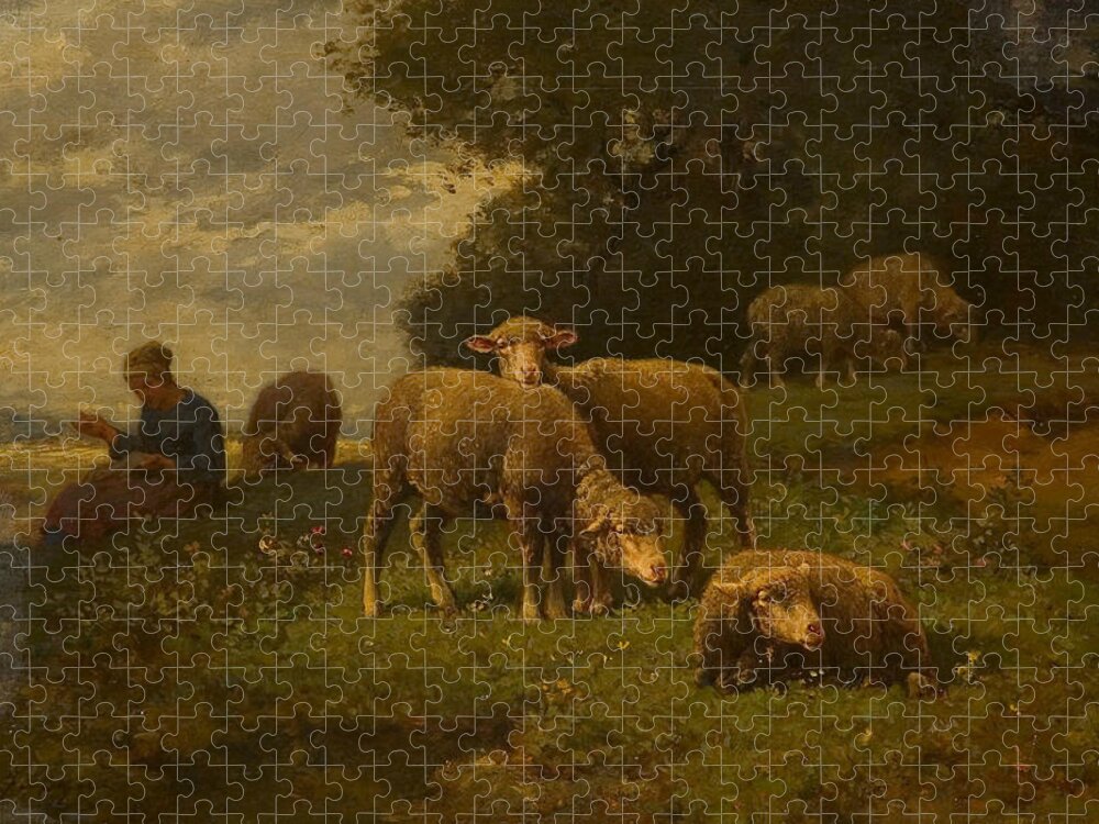 19th Century Art Jigsaw Puzzle featuring the painting Landscape with Sheep and Shepherdess by Charles Jacque